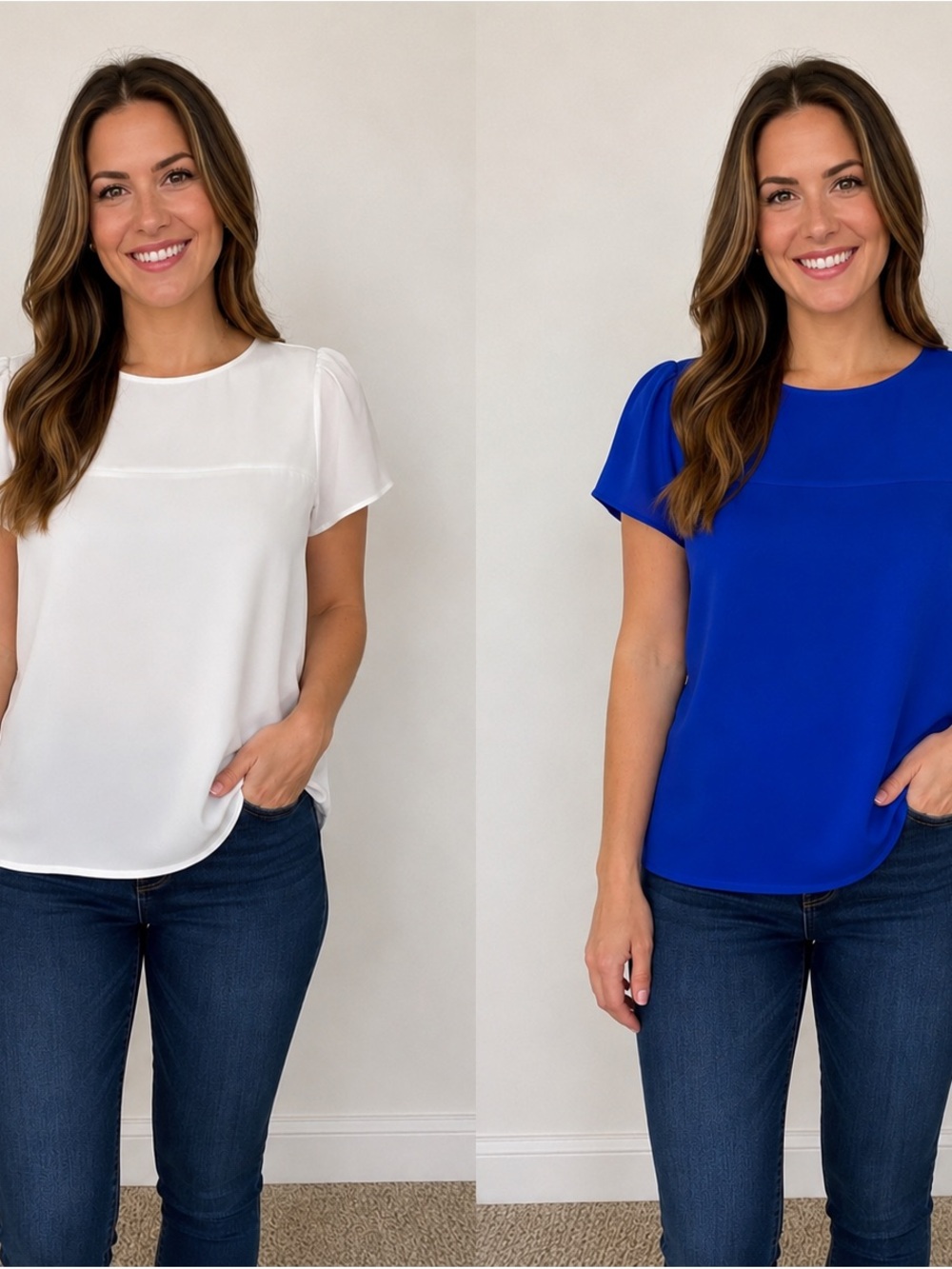 J. Crew women’s short sleeve suiting blouse (2) white and royal blue -size 8